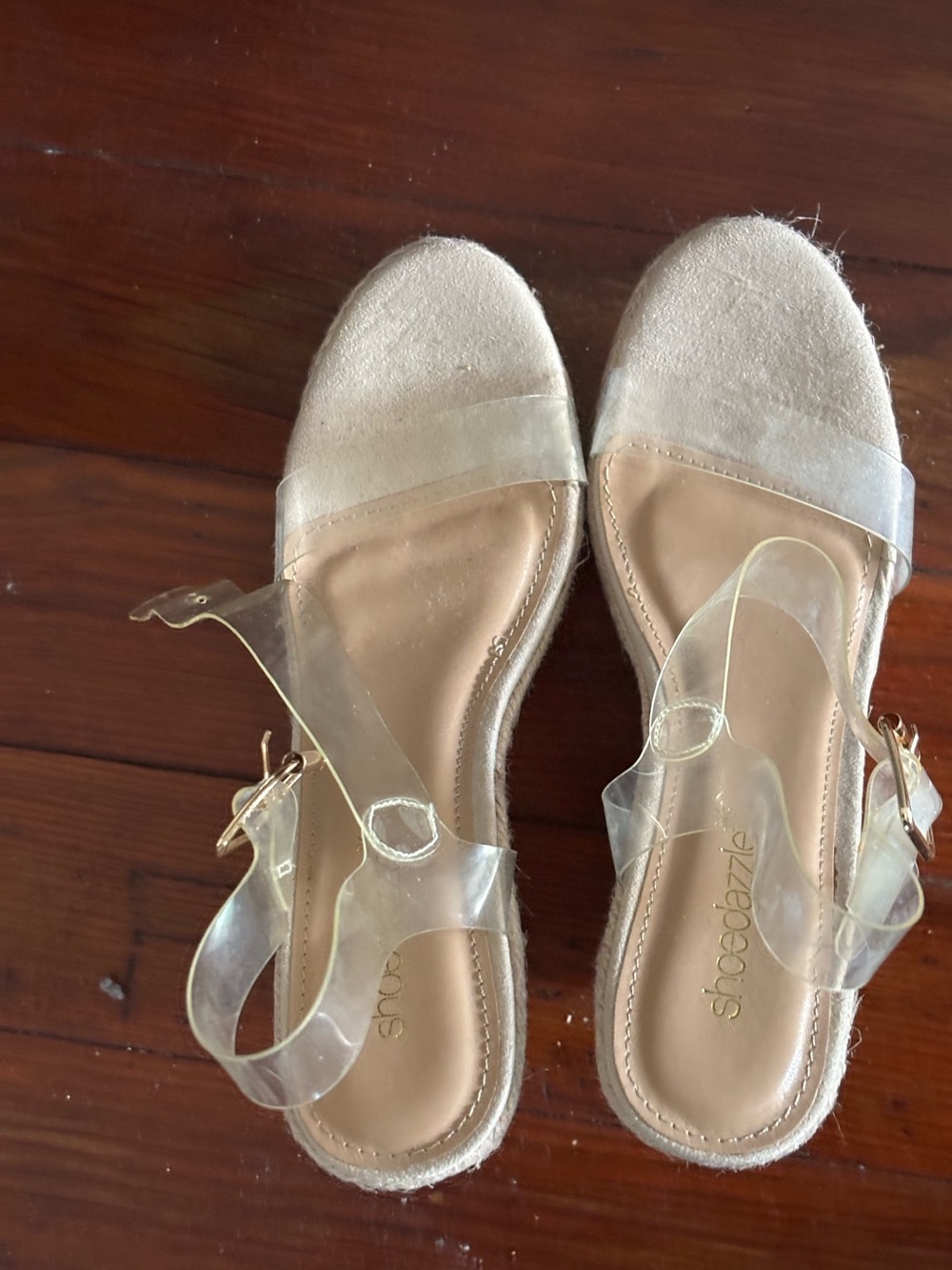 Shoe Dazzle Clear Strap Espadrille Sandals in Beige and Clear